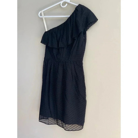 Shoshanna Black Ruffled One Shoulder Textured Polka Dot Mini Dress Size 0 NWT - Picture 4 of 13